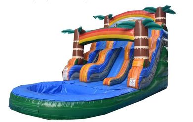 Inflatable water slide with two lanes and a pool at the bottom. Features palm trees, a rainbow, and blue, orange, and green colors.