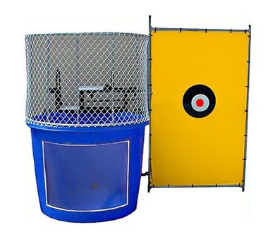 A dunk tank with a blue barrel and a yellow target board. A person can be dunked when the target is hit.