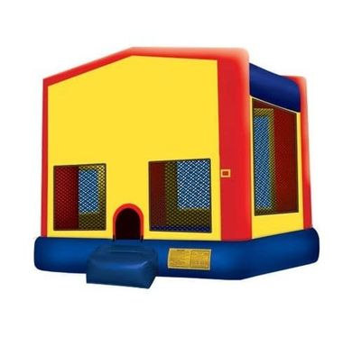 A colorful inflatable bounce house with yellow, red, and blue panels. Includes windows and a small entry step.