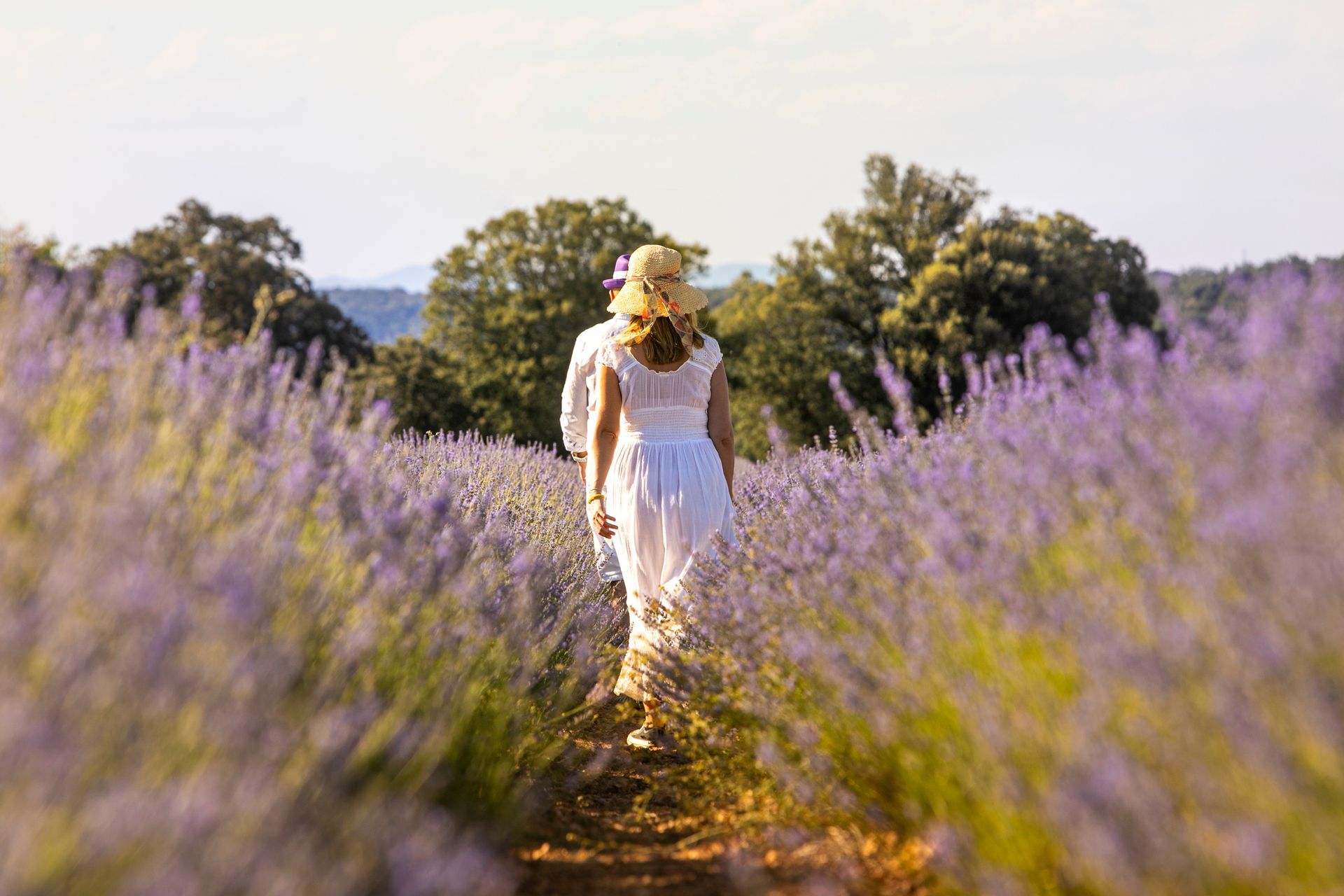 Mujer paseando por un campo de lavanda.