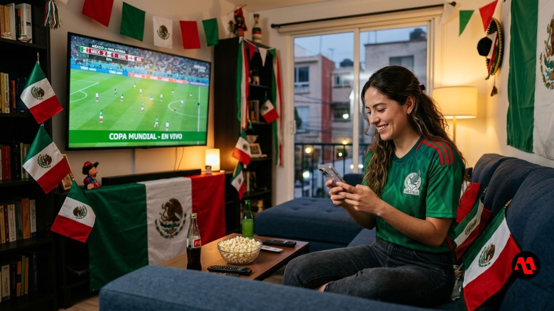 Woman on a couch smiling at her phone while watching a soccer match on TV, surrounded by flags and red-green decor