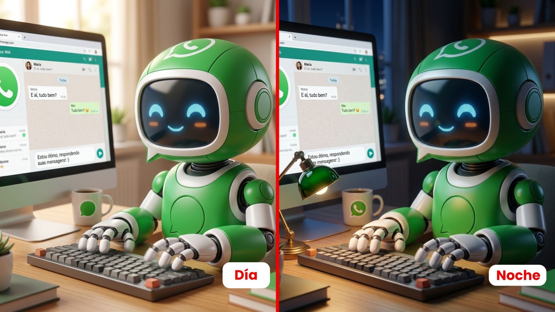 Green robot typing at a desk beside a monitor, shown in a split-screen with two nearly identical versions.