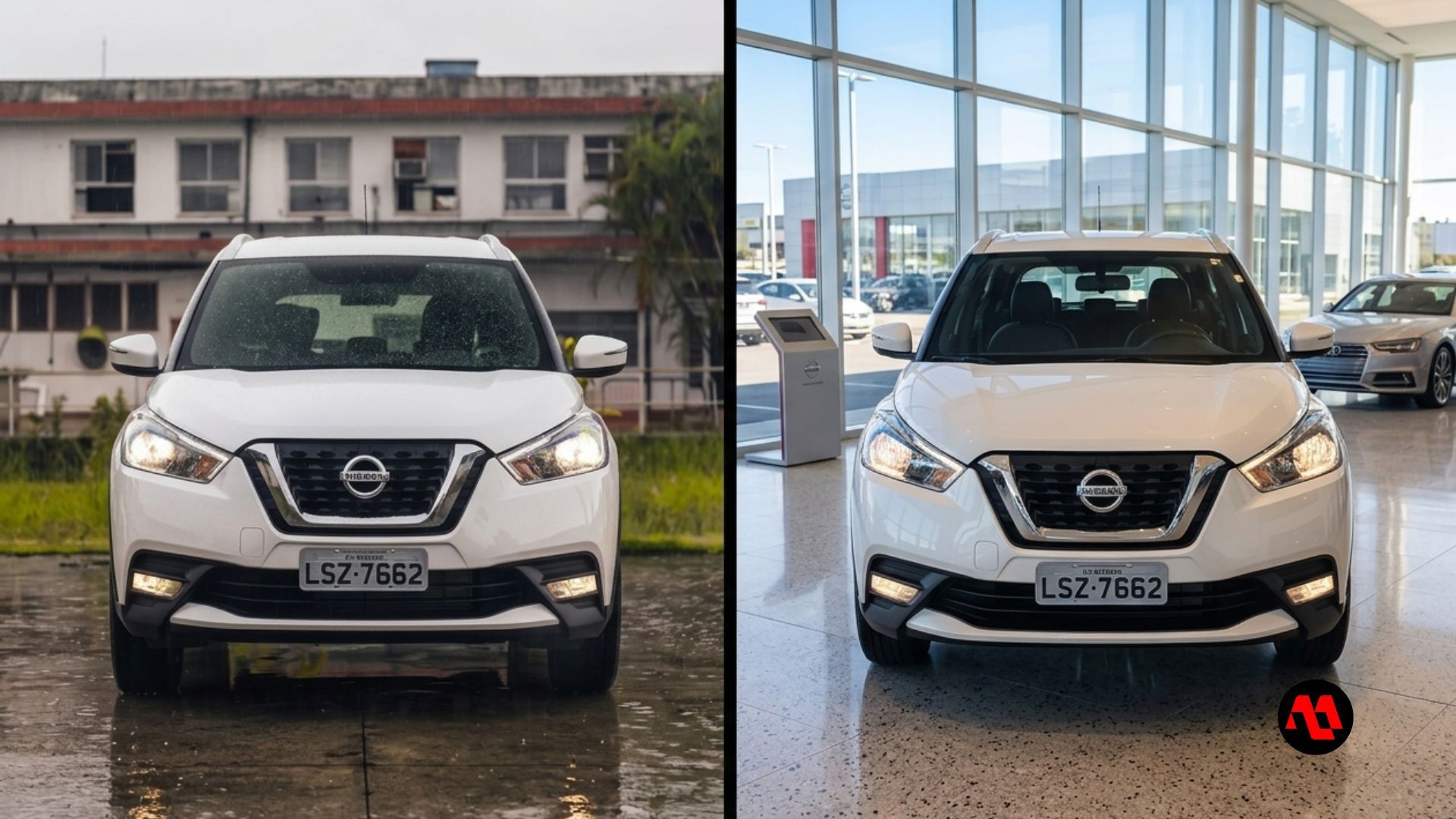 Car SUV before and after cleaning, split-screen labeled “ANTES” and “DEPOIS” showing wet and dry exterior.