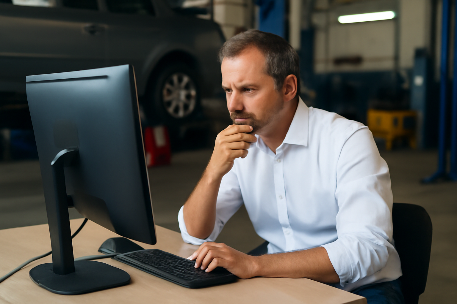 A man is sitting at a desk in front of a computer in a garage.