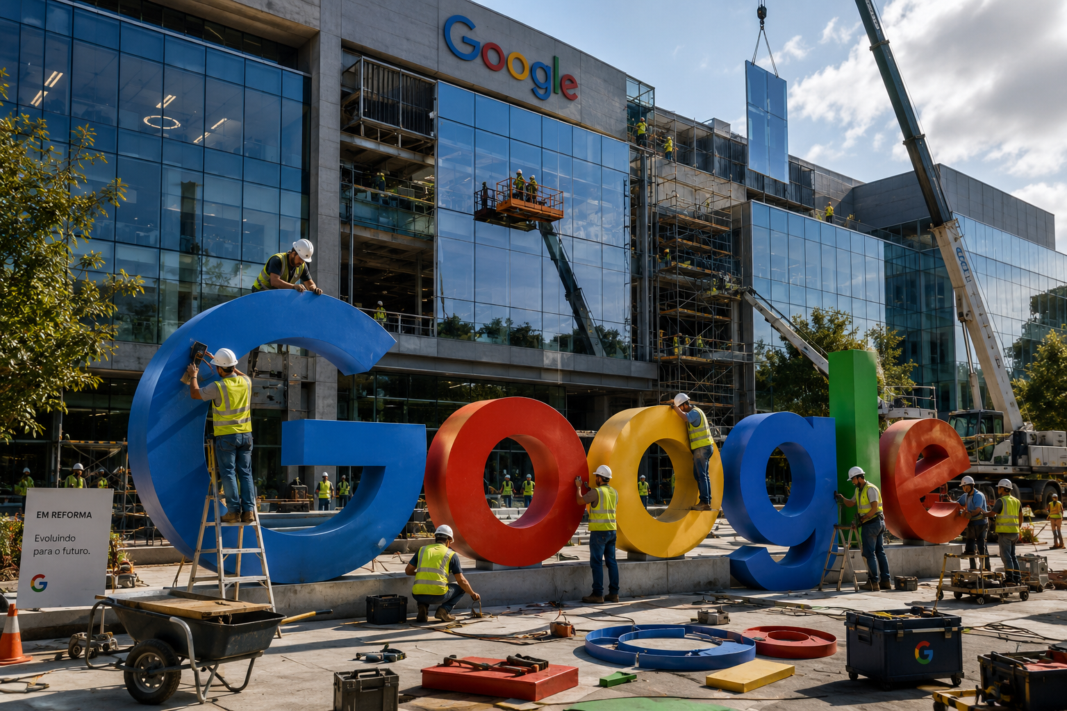 Workers install a giant multicolored Google sign outside a glass office building.