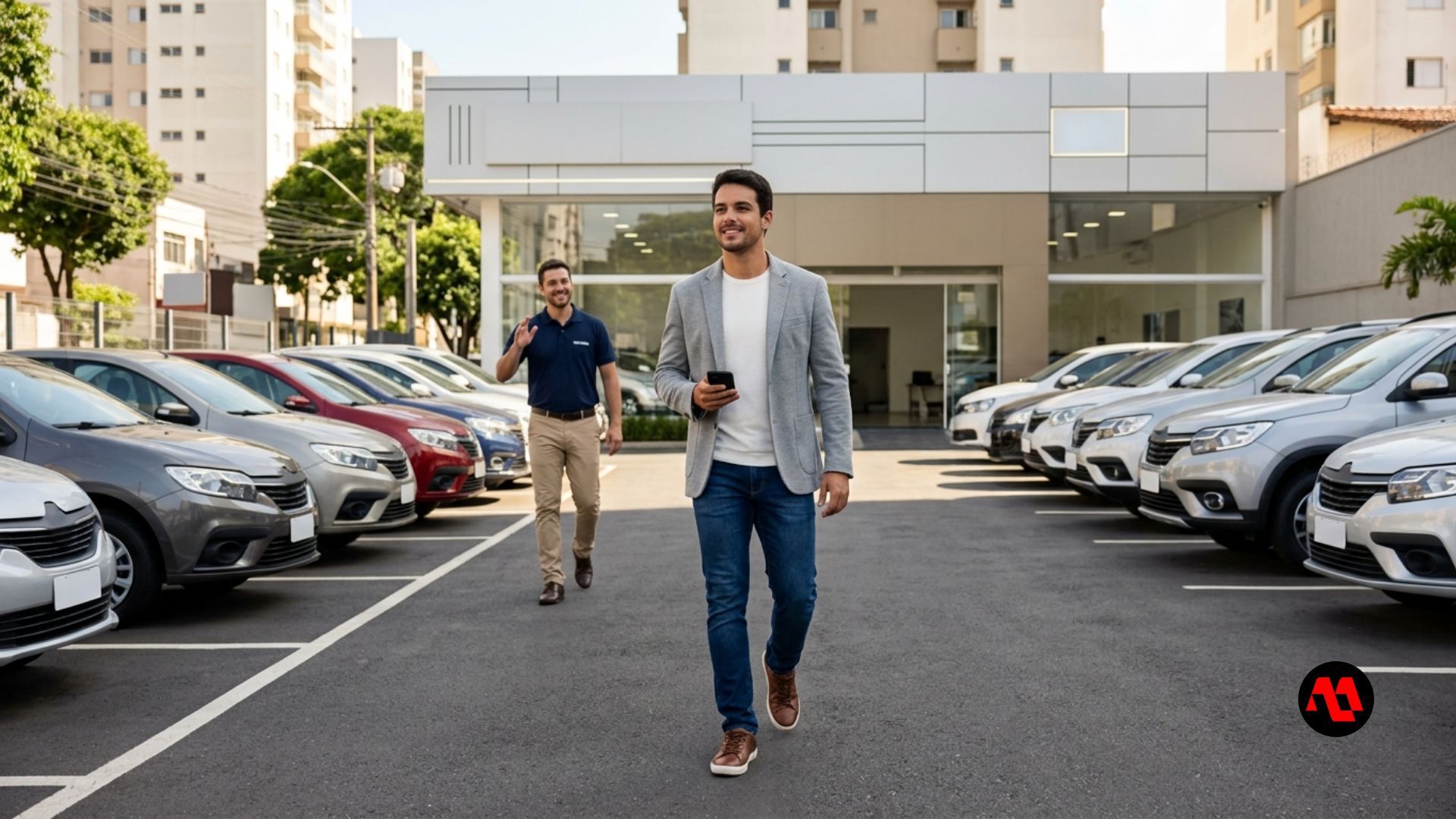 Two men walking between rows of parked cars in an outdoor lot near apartment buildings.