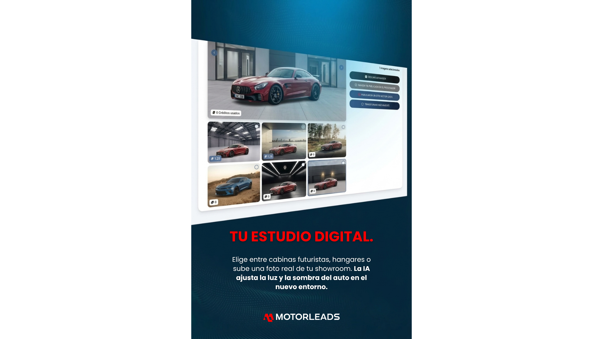 Folleto digital de estudio automotriz en color verde azulado oscuro con un collage de autos y texto de título en rojo.