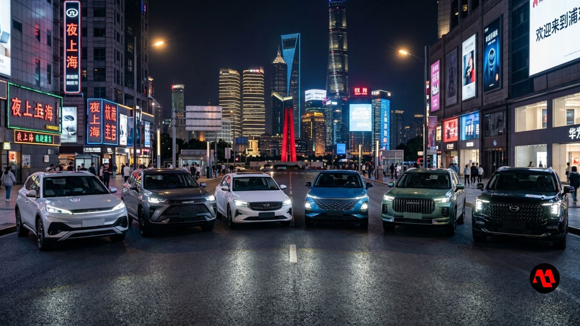 Six cars lined up on a wet city street at night with bright neon signs and skyscrapers in the background