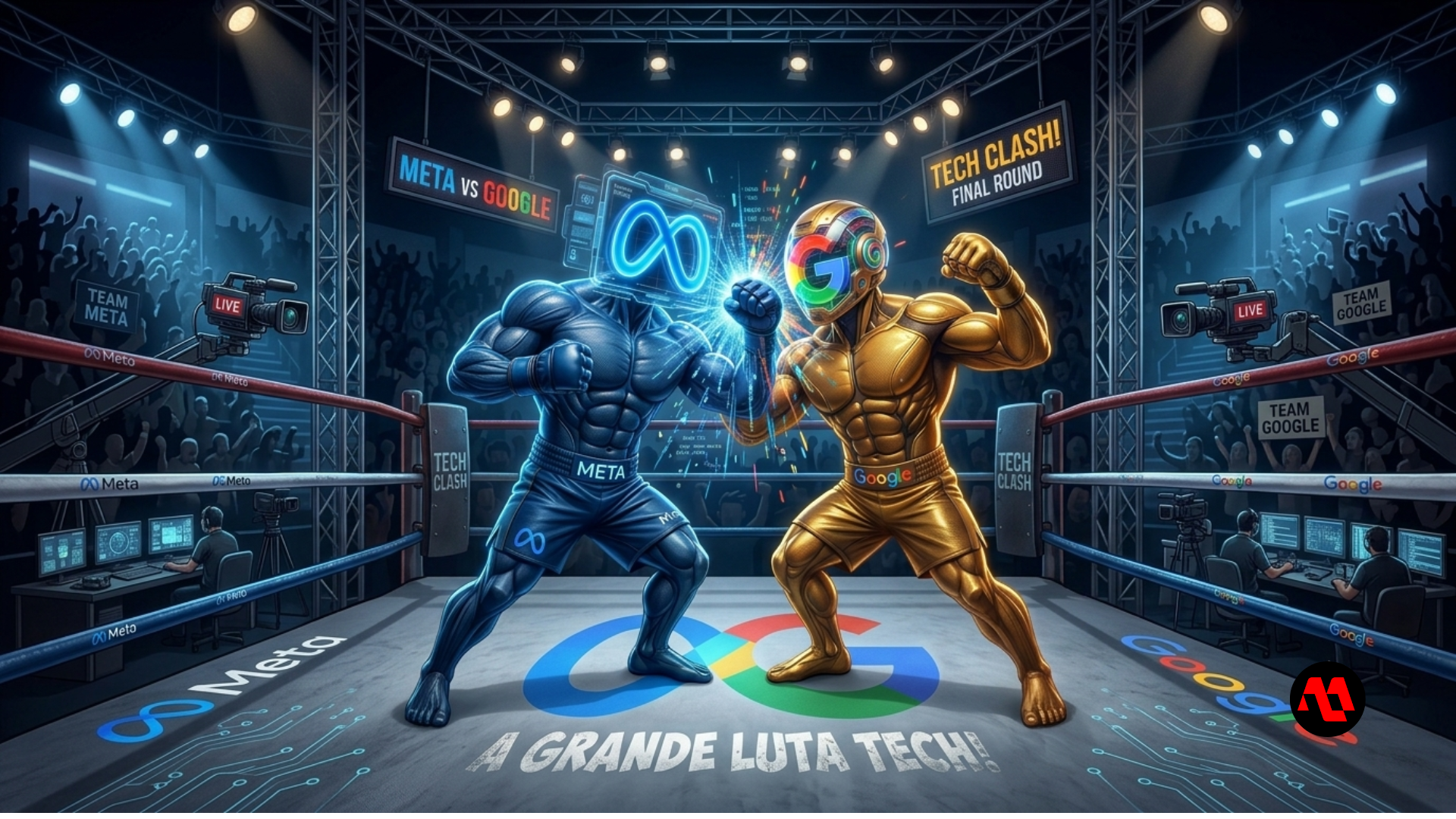Two armored fighters face off in a neon-lit boxing ring, one blue and one gold, with crowd and lights around them