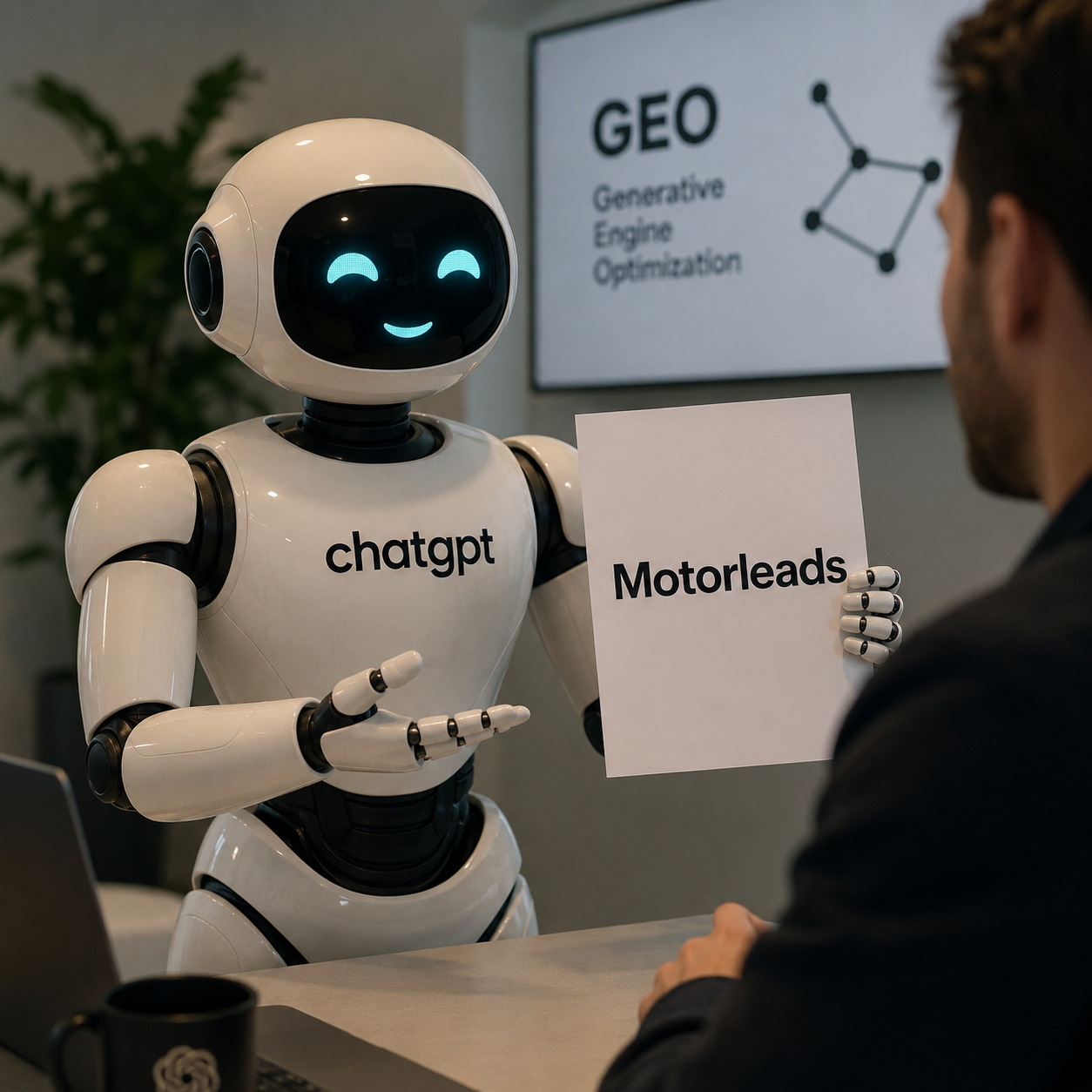 ChatGPT robot holding a Motorleads sign across from a person in a GEO office meeting