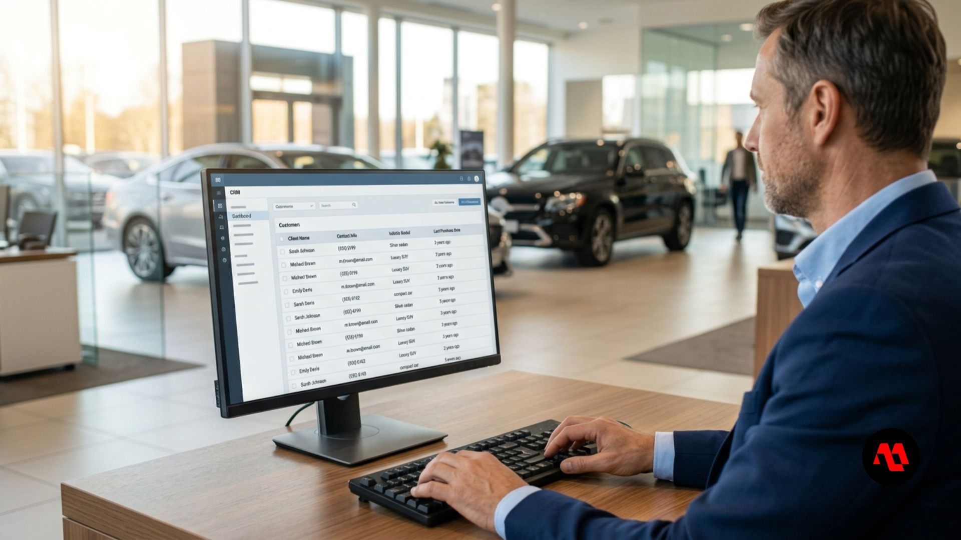 Man using a desktop computer in a car showroom, viewing a vehicle inventory screen.