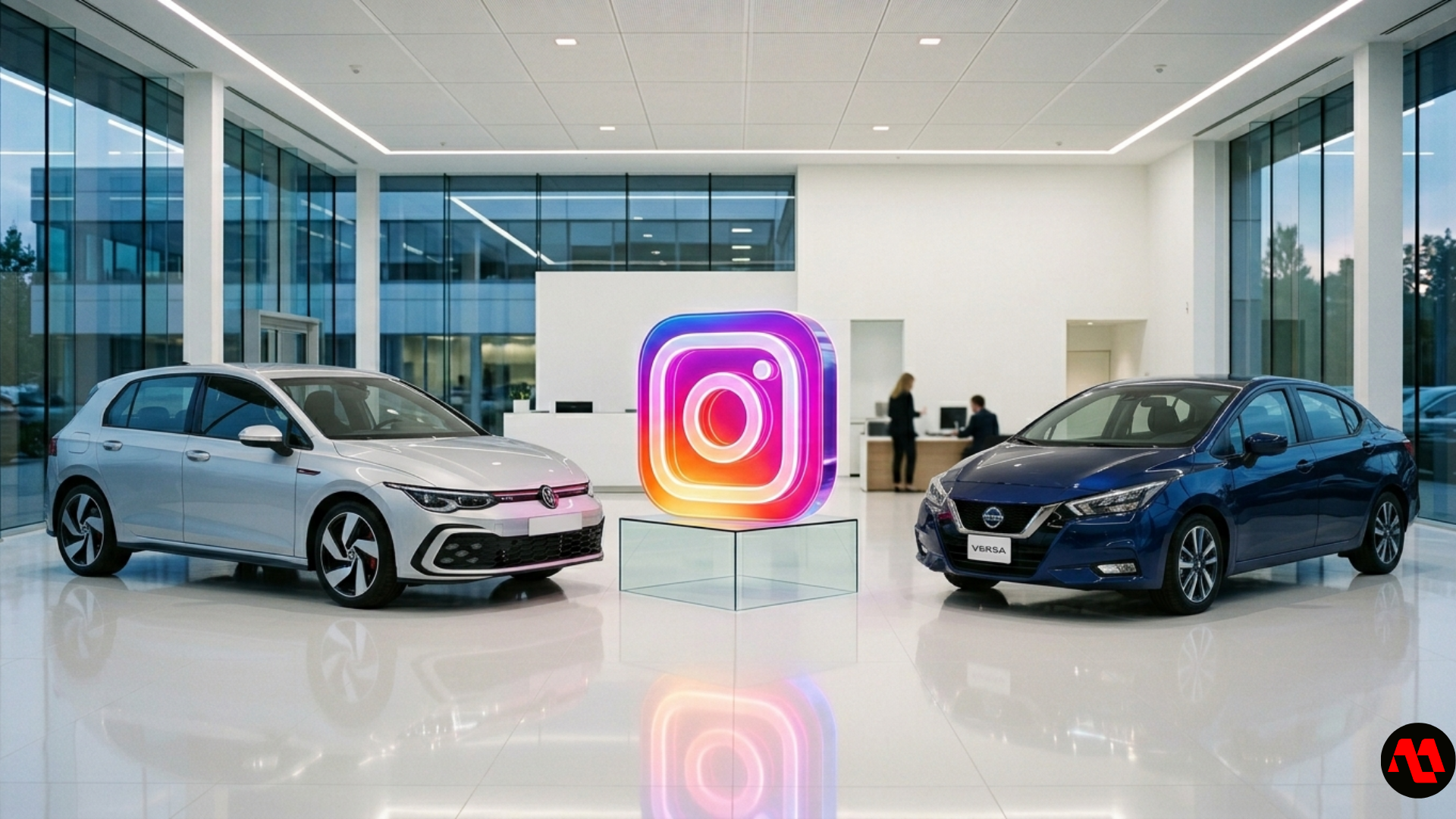 Two cars in a bright showroom with an Instagram logo display between them