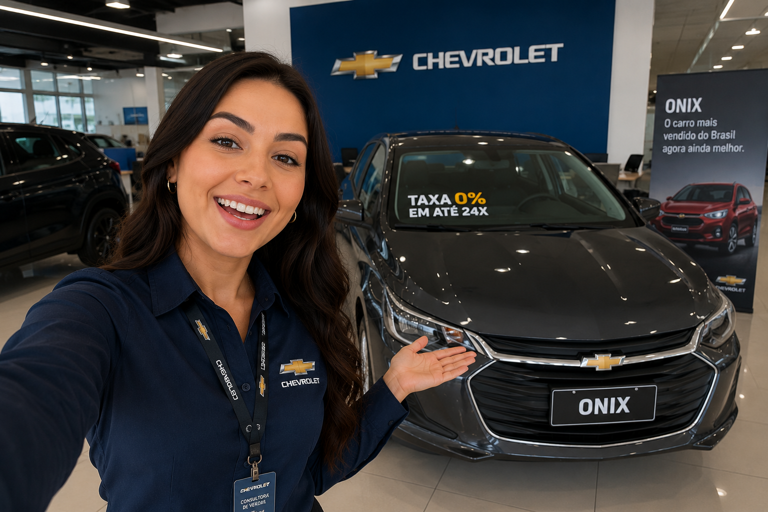 Smiling salesperson pointing to a black Chevrolet Onix in a showroom