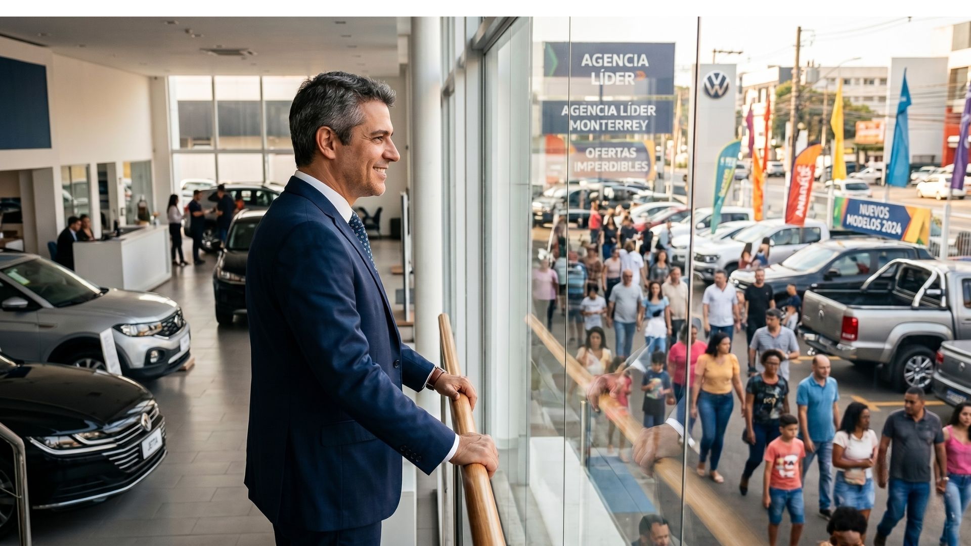 Man in a navy suit looks over a busy car showroom balcony at a crowd and parked cars below