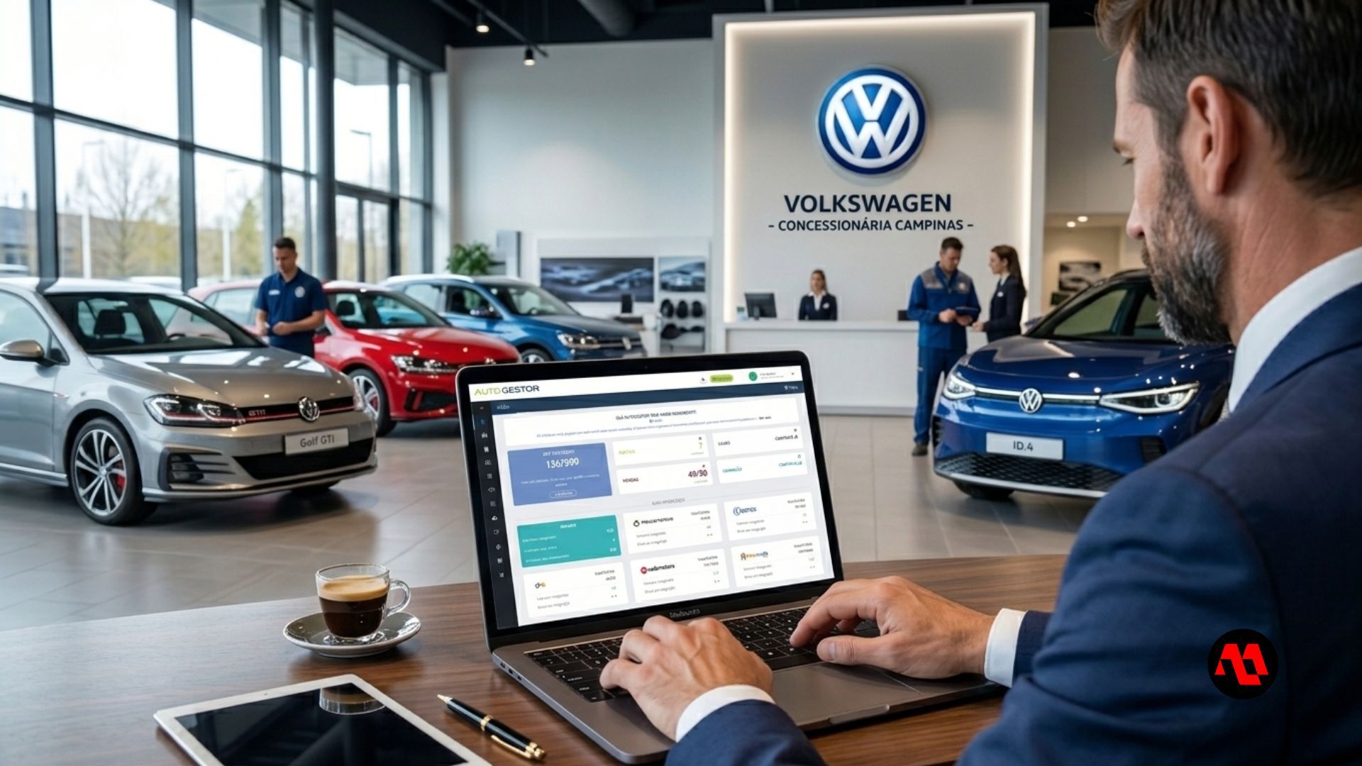 Volkswagen showroom with cars on display and a person using a laptop at a desk