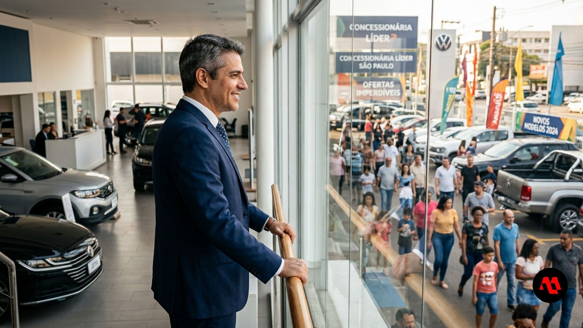 Man in a blue suit stands on a balcony overlooking a crowded street and parked cars below.