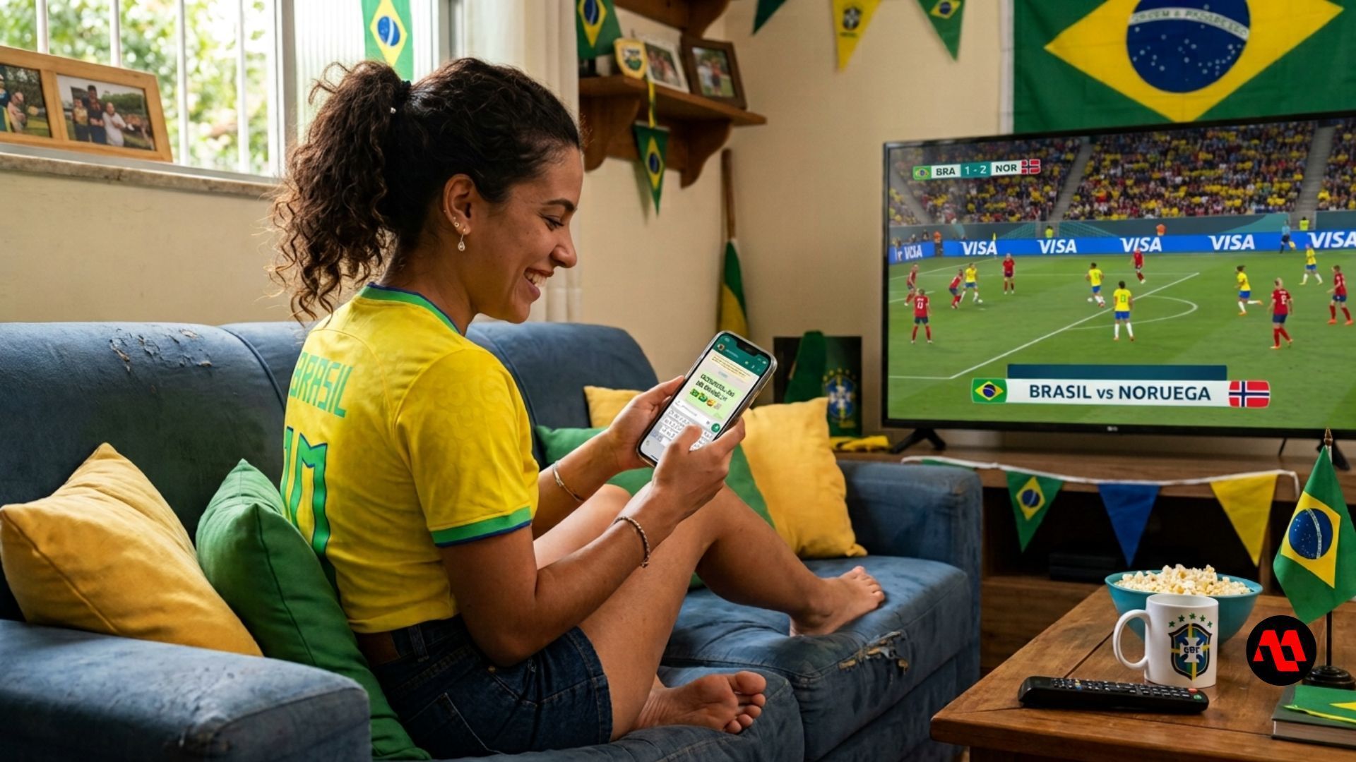 Woman on a couch using a smartphone while watching a soccer match on TV in a living room with Brazil decor
