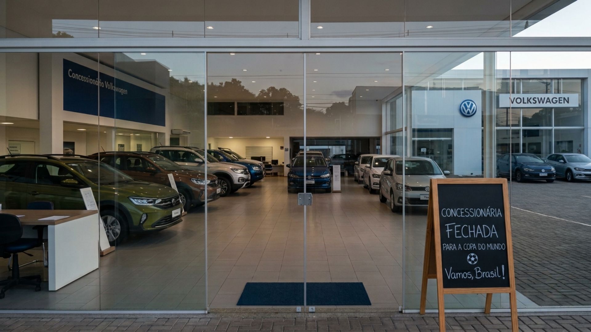 Glass-front Volkswagen dealership showroom with cars inside and a chalkboard sign outside
