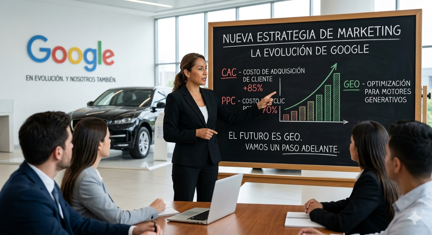 Business presentation in Google office, with a woman at a chalkboard and colleagues seated around a table.