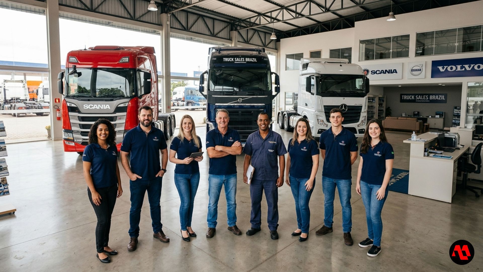Group of people standing in a truck showroom beside three large trucks and a display booth