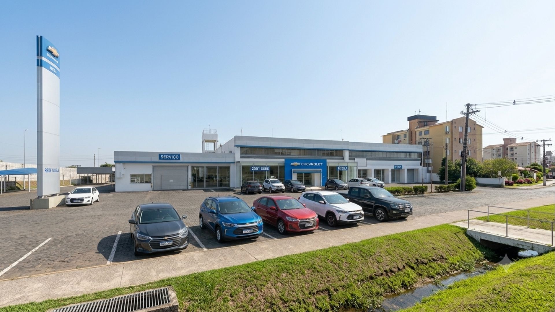 Small roadside car dealership with parked cars and a blue-and-white showroom under a clear sky