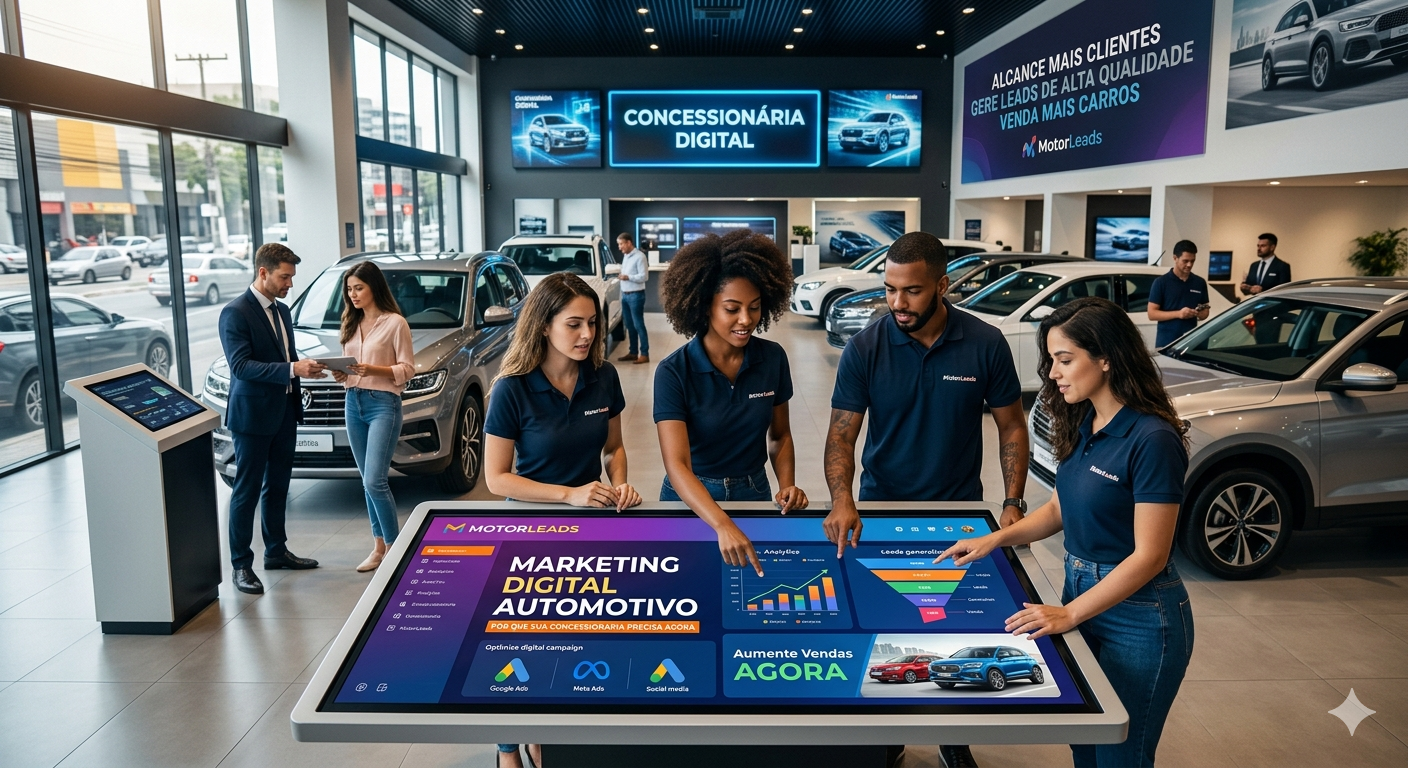 Interactive automotive showroom with people using a digital table display beside a car