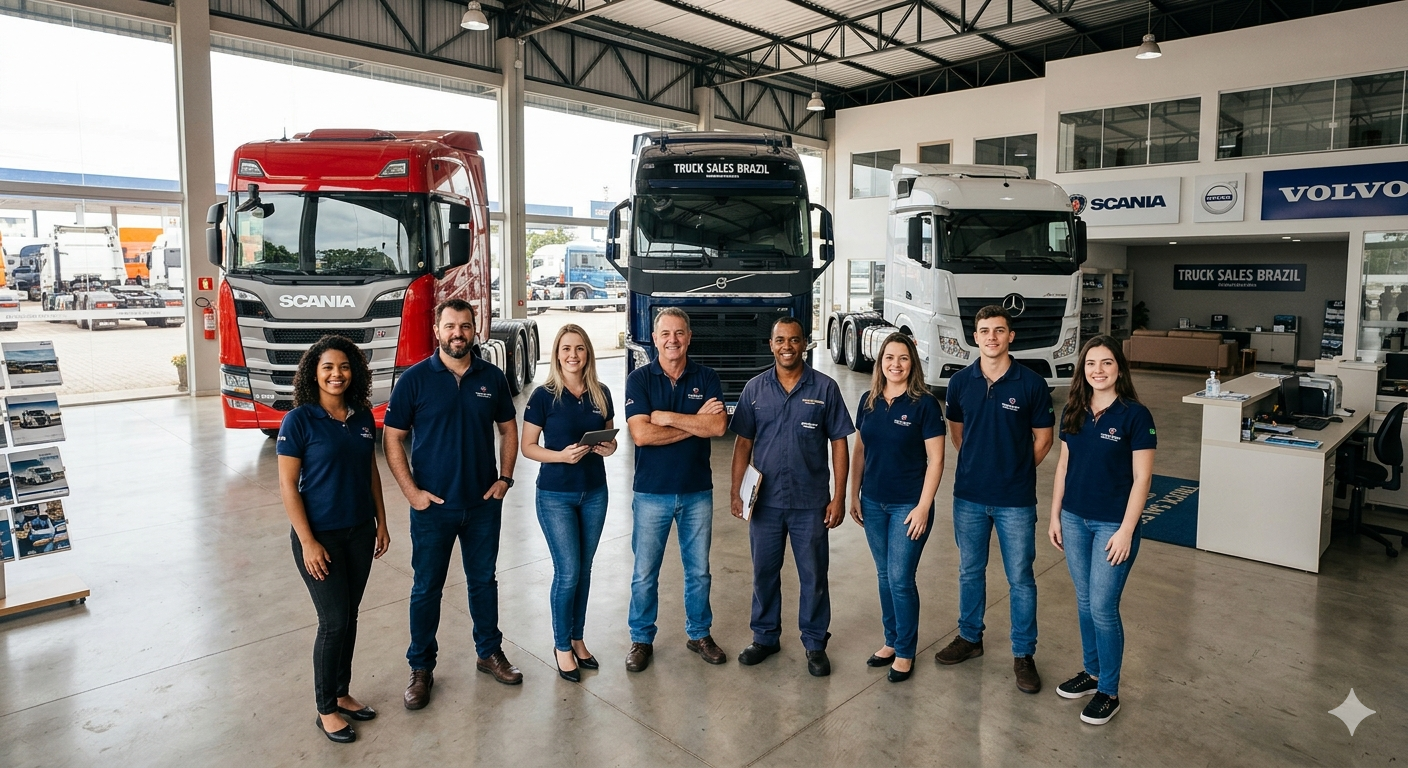 Seven people standing in a truck showroom, flanked by red, blue, and white semi-trucks