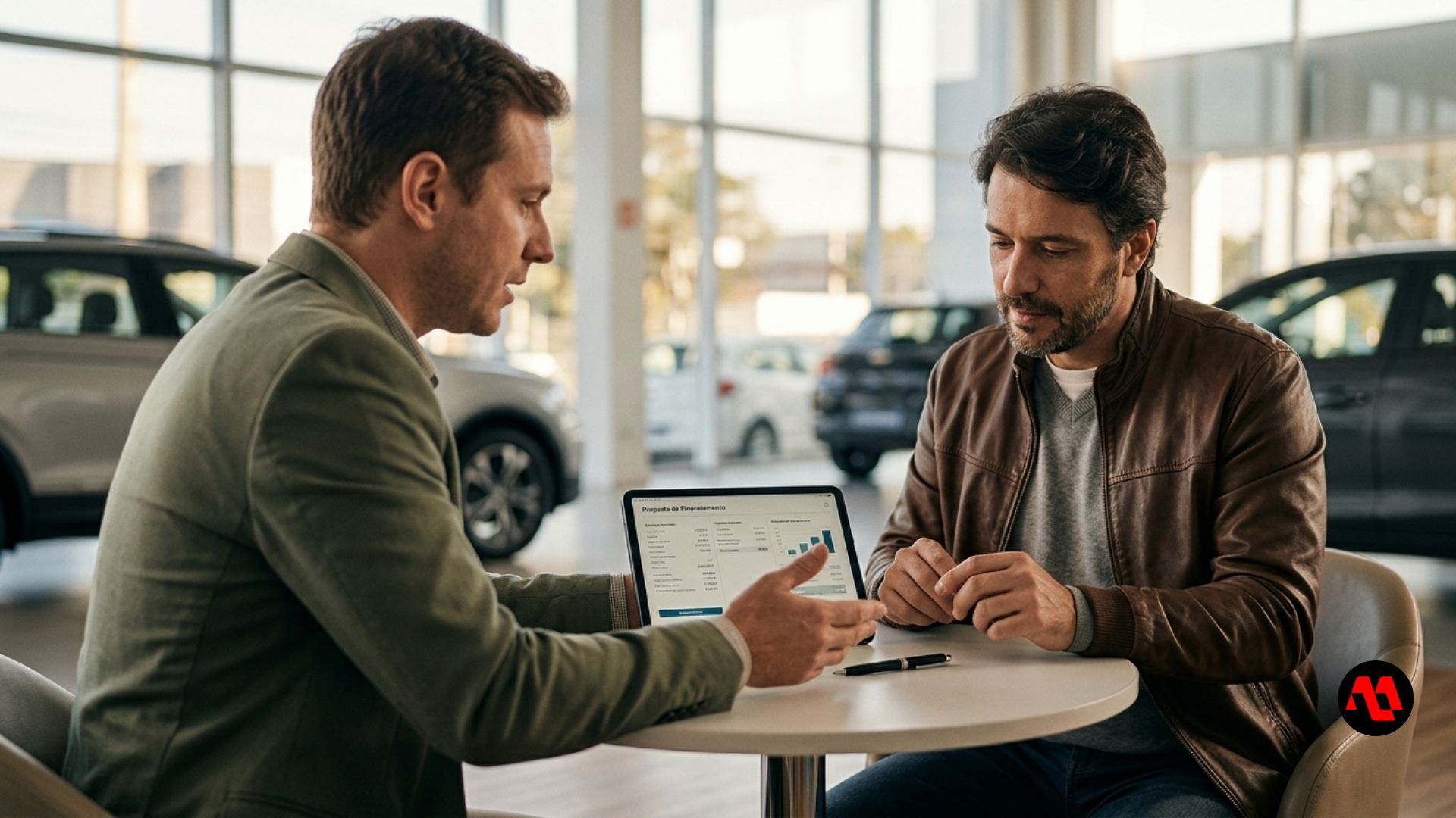 Two men discussing a car deal at a dealership desk, with a laptop open between them.