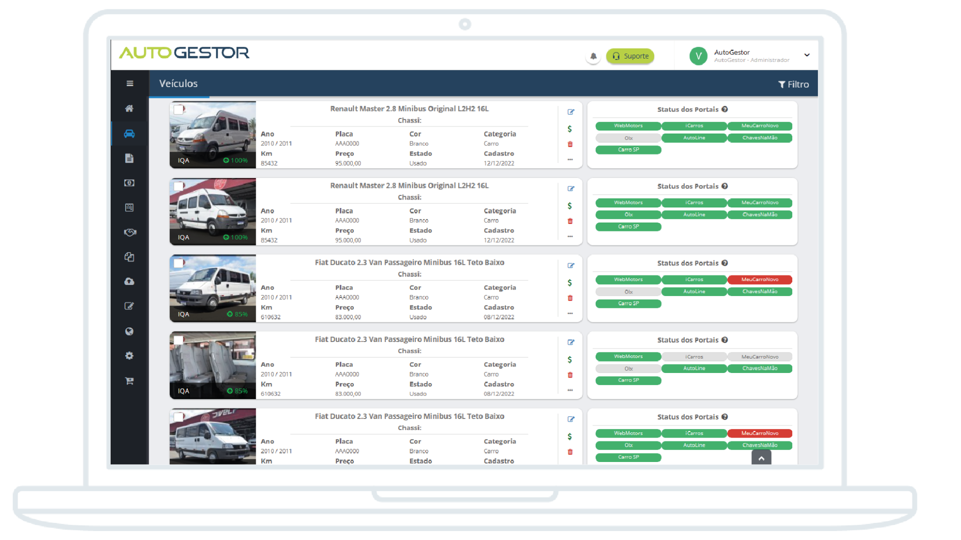 Laptop screen showing a logistics dashboard with vehicle listings and green status bars