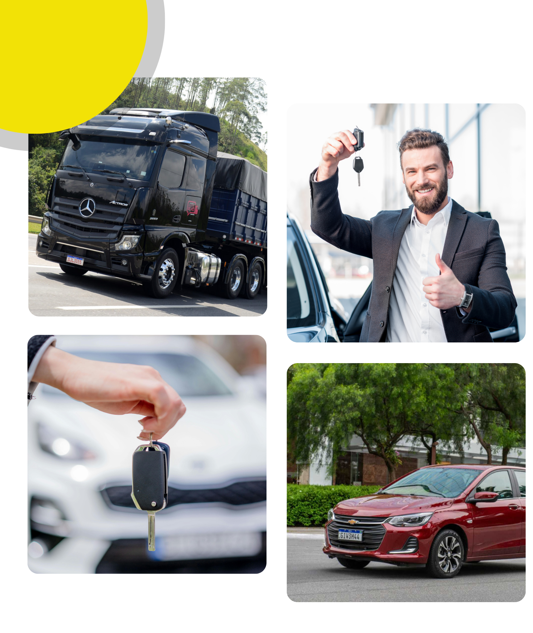Colagem: uma caminhonete preta, um homem sorrindo enquanto segura as chaves, chaves perto de um carro, carro vermelho estacionado do lado de fora.