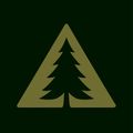 Dark green square with a tan triangle enclosing a stylized evergreen tree.