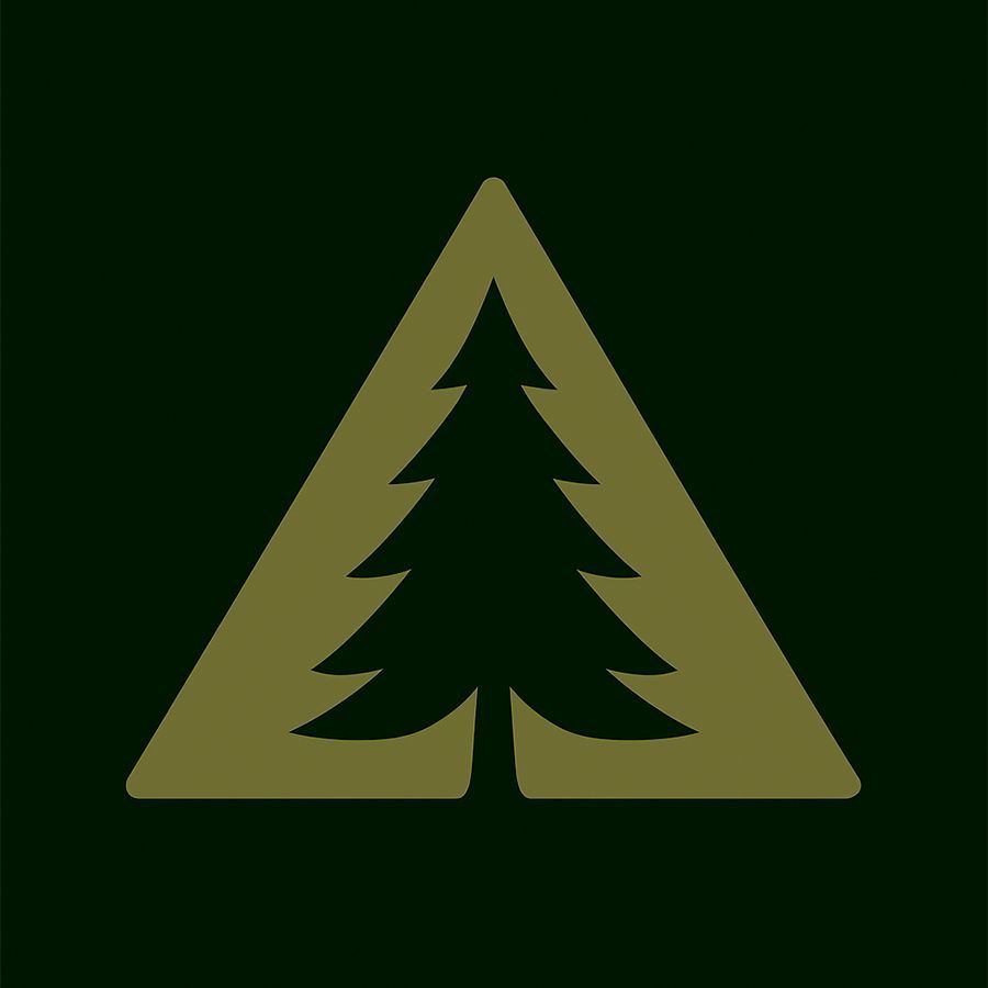 Dark green square with a tan triangle enclosing a stylized evergreen tree.
