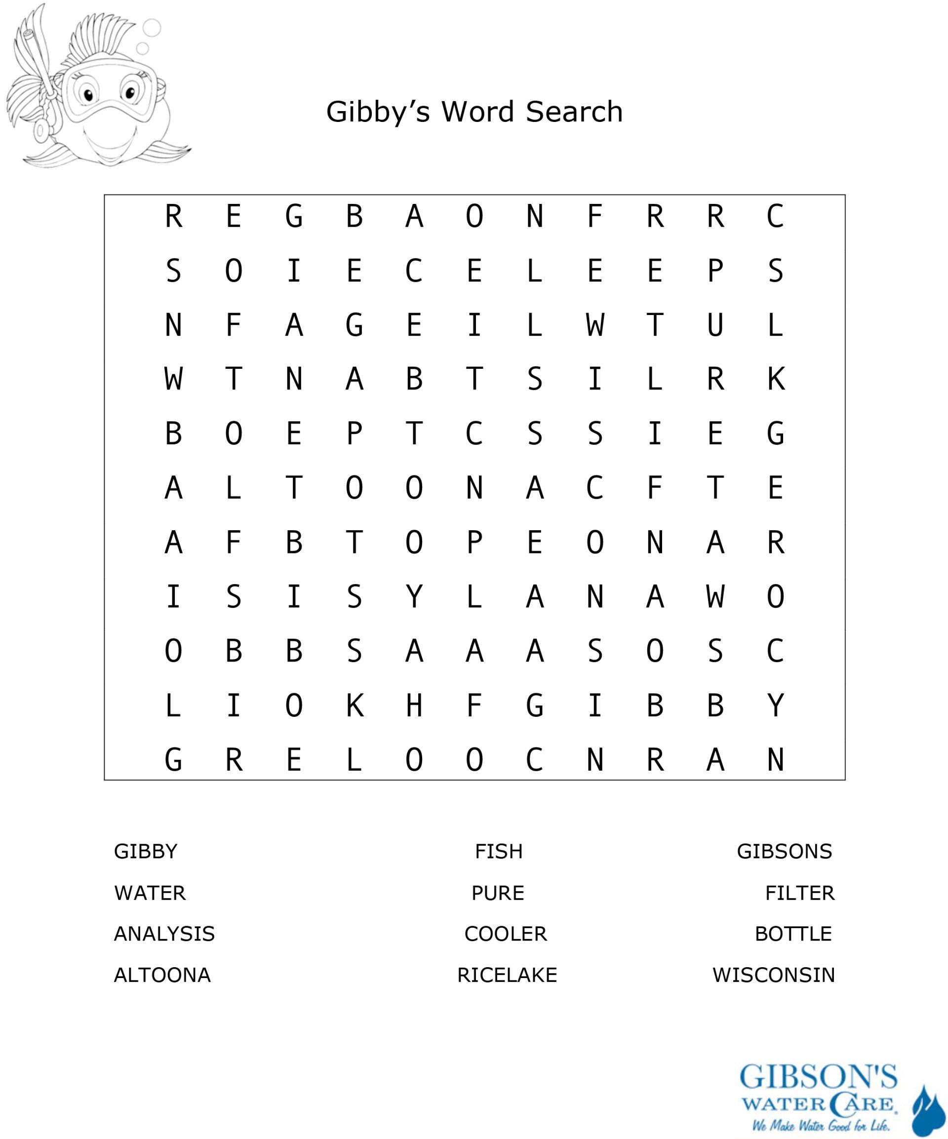 Word Find, Gibby The Fish, Kid's Corner | Gibson's WaterCare