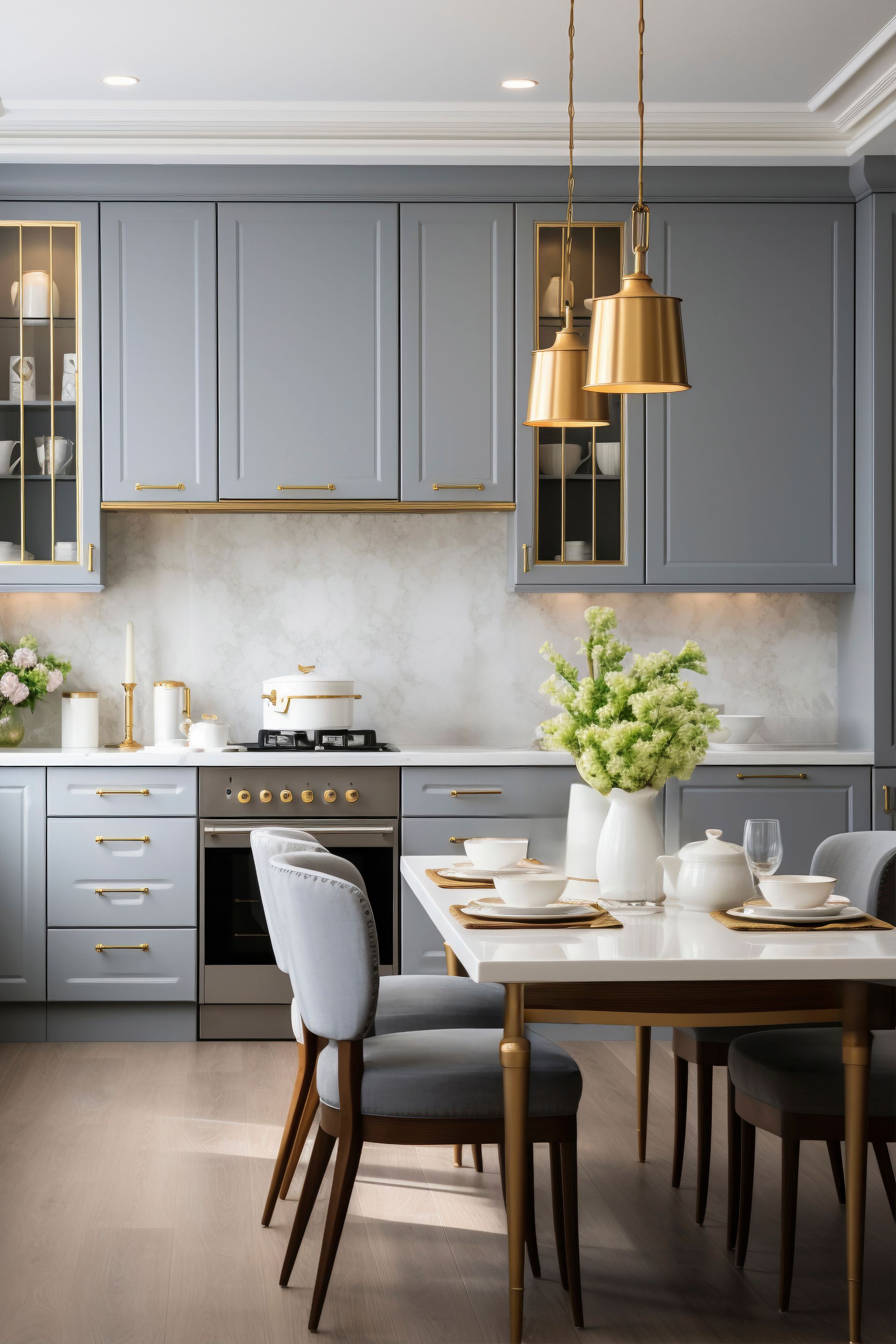 A kitchen with a table and chairs in it.