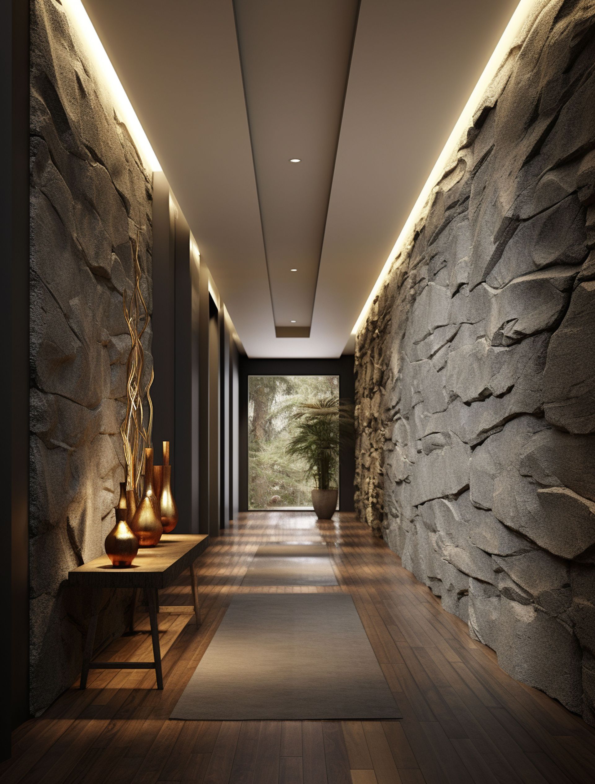 A long hallway with a stone wall and wooden floor