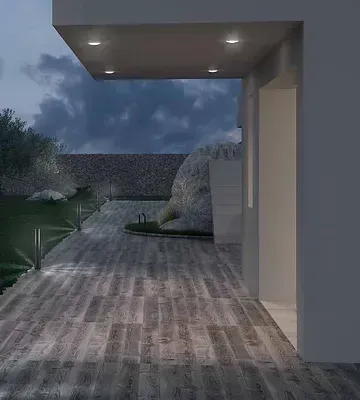A 3d rendering of a house with a wooden floor and a stone wall.