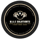 A round logo for M.A.C SOLUTIONTX featuring two horse heads, text detailing services, and a black and gold patterned border.