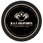 A round logo for M.A.C SOLUTIONTX featuring two horse heads, text detailing services, and a black and gold patterned border.