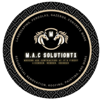 A round logo for M.A.C SOLUTIONTX featuring two horse heads, text detailing services, and a black and gold patterned border.