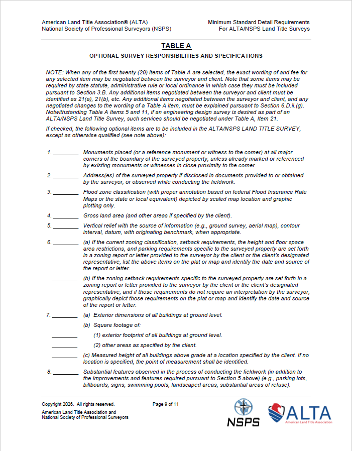 Image of Table A of the ALTA Survey Standards for Alta/NSPS surveys in Jacksonville, Florida.