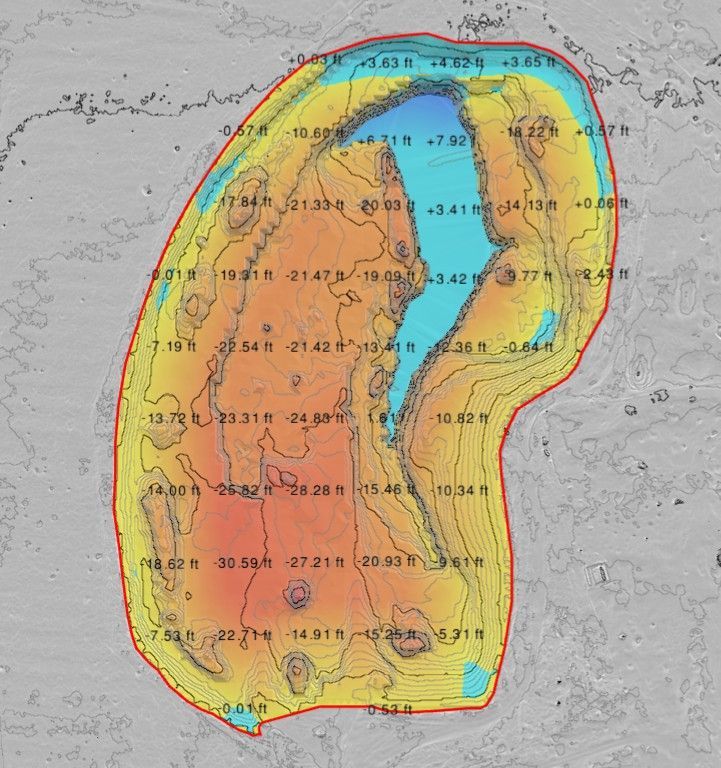 Topographic heat map of a lakebed with elevation depth labels in feet, featuring color gradients from blue to orange.