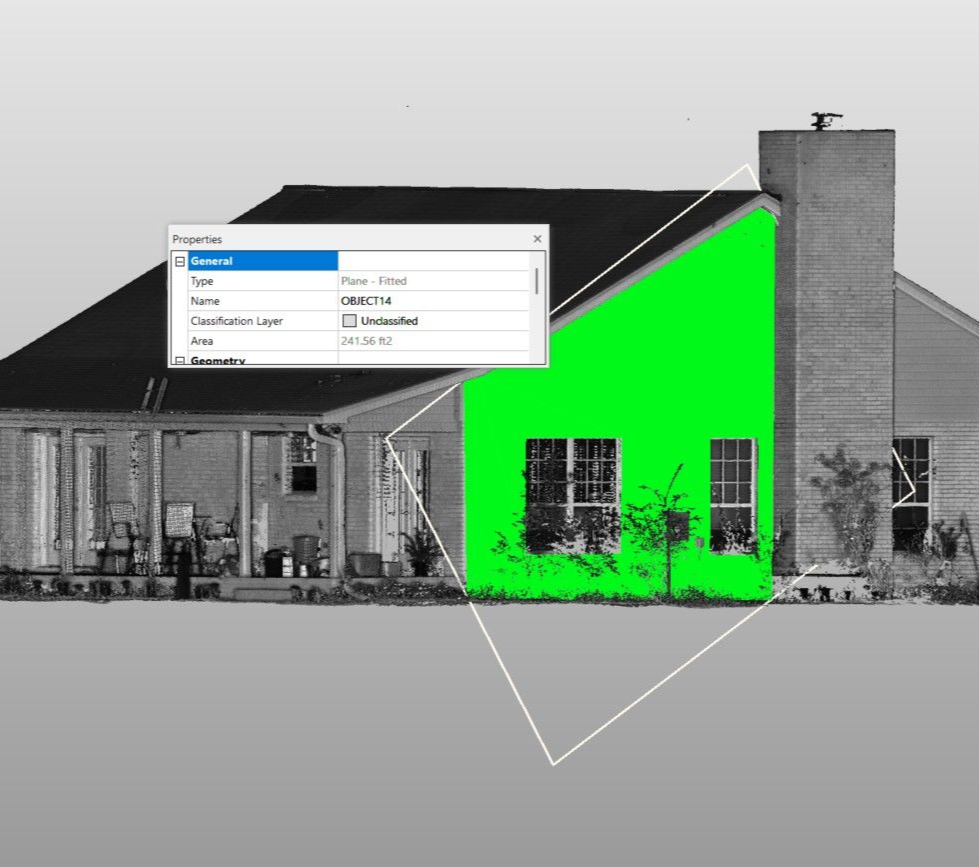 LiDAR scan with 3D modeled plane for siding calculations on a residential home remodel in Jacksonville, Florida.
