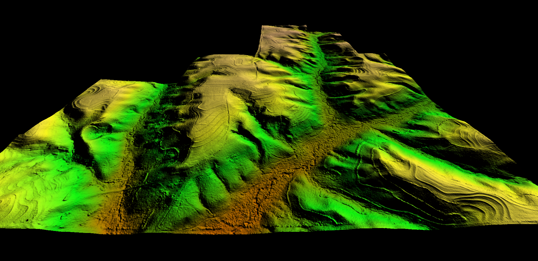 A 3D digital elevation model showing green and tan terrain with ridges, valleys, and gullies against a black background.