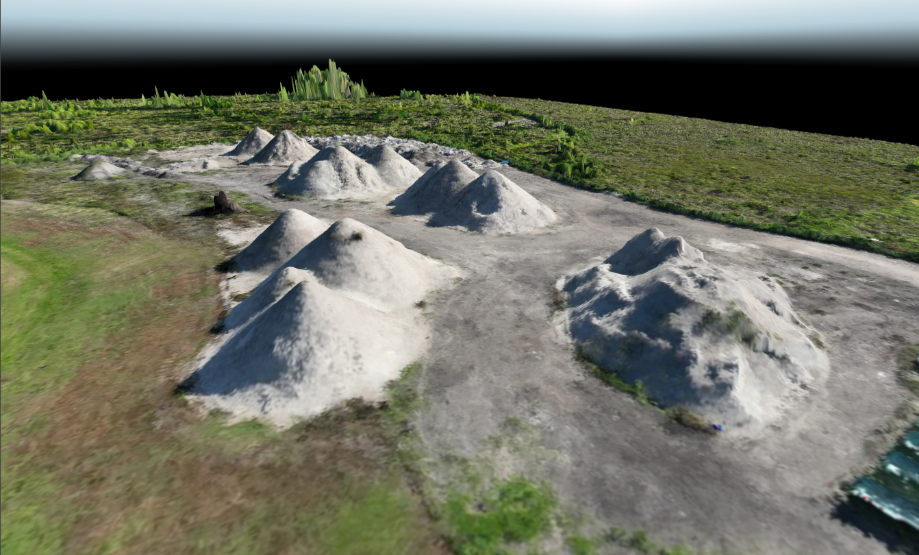 Stockpile volume measurements with multiple piles of white aggregate on a construction site in Jacksonville, Florida.