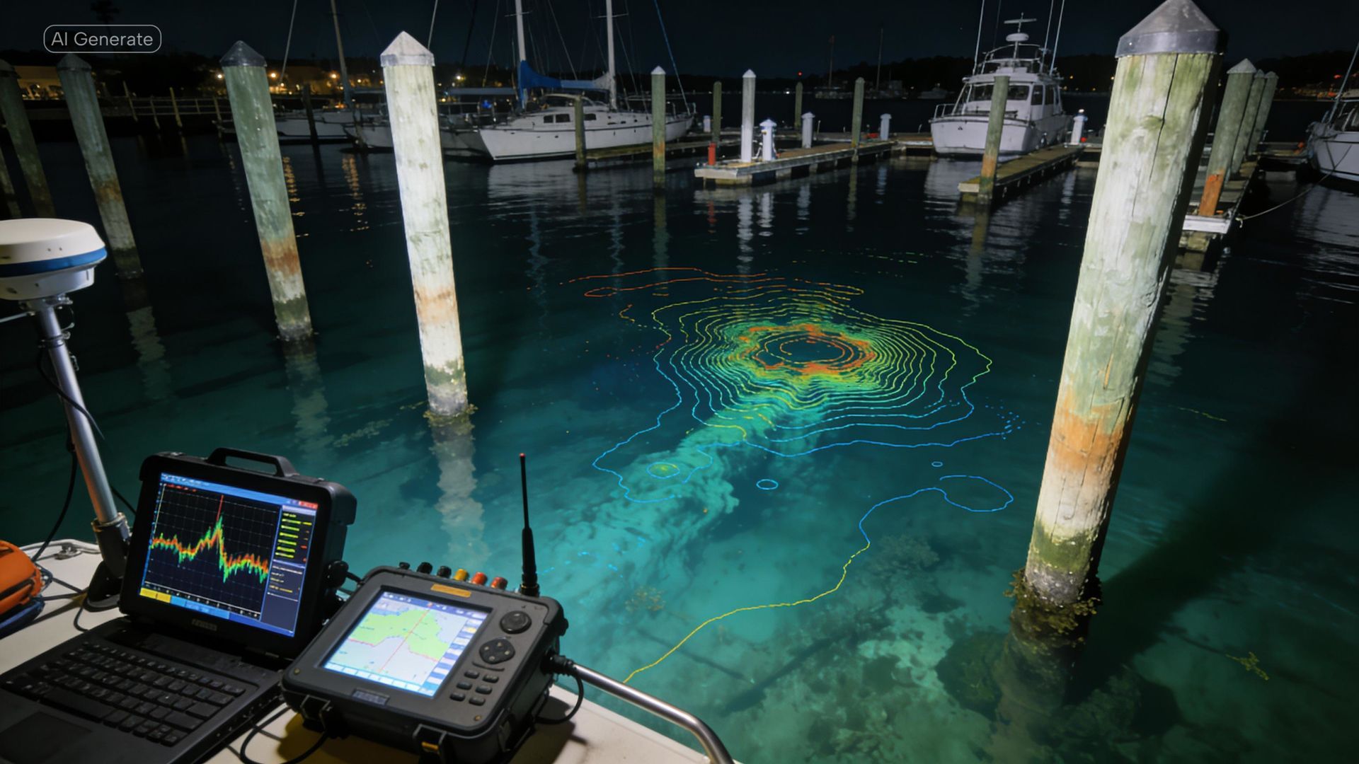 Hydrographic surveying results: a multibeam echosounder map of underwater marina pilings and seabed.