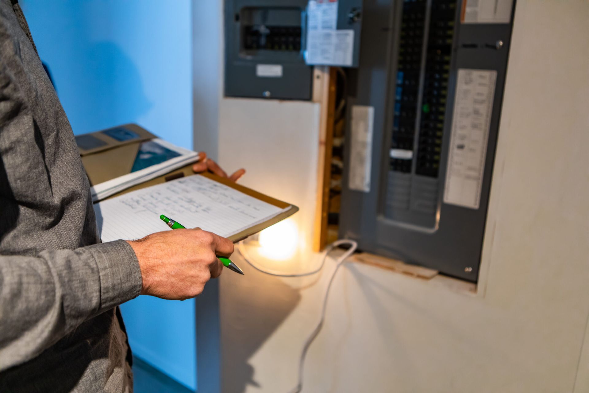 A B & W Services Technician is holding a clipboard and a pen in front of an electrical box.