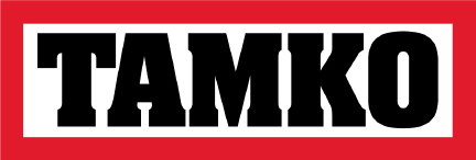 TAMKO logo in bold black letters on a white rectangle, set against a red background.