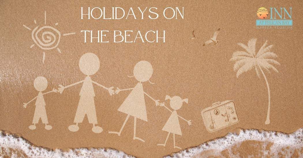 Holiday beach vacation graphic showing people on the sand of a beach