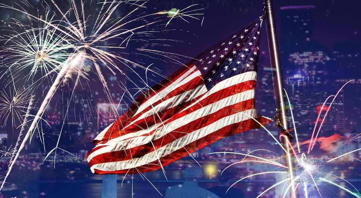 Flag and fireworks for the 4th of July in Naples, FL.