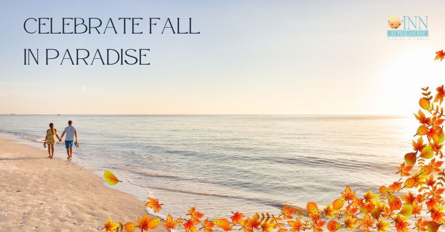 People walking along the beach with fall leaves overlayed. 